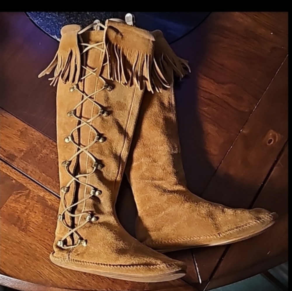 Vintage Minnetonka 70/80 Knee High Suede Lace Up Fringe Boots
